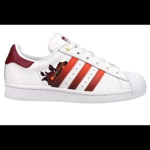 Adidas Superstar white/power berry classic shell top sneaker.